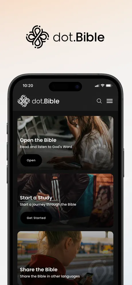 dot.Bible home screen showing the daily reading and featured audio tracks